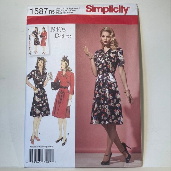 Simplicity 1587 1940s Vintage Dress Reprint Sewing Pattern Gathered Neckline FF - Picture 1 of 7